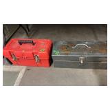 RED POLY TOOL BOX & GRAY METAL TOOL BOX W/ MISC