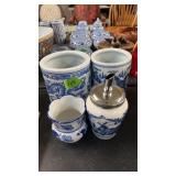 2 BLUE JARS, BOTTLE & VASE