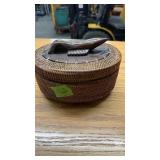 HAND WOVEN INDONISIAN RATTAN BASKET W/ CARVED WOOD