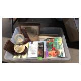 TOTE W/ BOOKS, BOOK ENDS & MISC