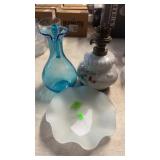 OIL LAMP, BLUE PITCHER & 2 RUFFLE EDGE PLATES