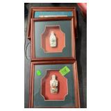2 FRAMED SNUFF BOTTLES & FRAMED STAMP