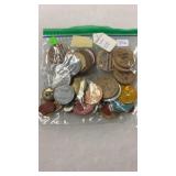 BAG OF MEDALLIONS, WOODEN COINS & TOKENS