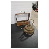 COPPER VTG KETTLE & WOOD DECANTER CADDY