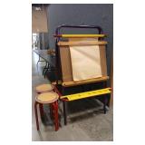 CREATVILLE DOUBLE SIDED EASLE AND 2 STOOLS