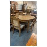 MID CENTURY MODERN DINING TABLE, 3 LEAFS & 4 CHAIS