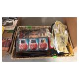 BASKET W/ GLOVES, BELT, GUN SLLING, GUN BOOKS &