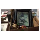 BX OF MISC ITEMS, SHADOW BOX, WOVEN TRAY,