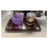 LAQUER WOOD TRAY & 2 VASES