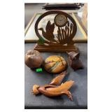 GROUP OF DECORATIVE ITEMS-CARVED WOOD CLOCK, BIRDS