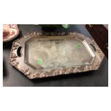 SILVER SERVING TRAY & GREEN BOWL