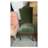 GREEN UPHOLSTERED CHAIR W/ CARVED BASE