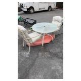 GLASS TOP PATIO TABLE, 2 CHAIRS, UMBRELLA,