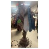 CAST IRON LAMP BASE W/ VINTAGE TIE LAMP SHADE