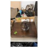 CARVED WOOD HEAD, SILVERWARE WOOD BOX & BX OF