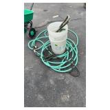 GROUP OF GARDEN HOSE, NOZZLES, FERTILIZER SPREADER