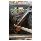 CRATE W/ MISC TOOLS, PIPE WRENCHES