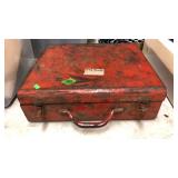 RED METAL BOX OF OLD TOOLS