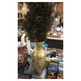 SATSUMA STYLE VASE, 24' TALL W/ PEACOCK FEATHERS