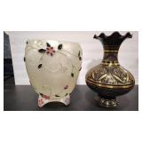 ASIAN THEME BRASS VASE AND LUCITE VASE