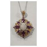 OPAL & GARNET COLOR GOLD TONE 925 NECKLACE