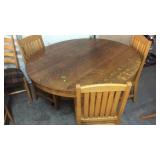 ANTIQUE ROUND OAK TABLE & 3 OAK CHIARS