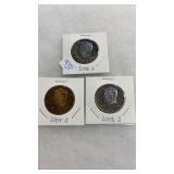 3 COLORED KENNEDY HALF DOLLARS