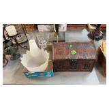 TRINKET CHEST, LAMP SHADE & CHIMNEY