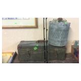 OLD METAL TOOLBOX, GALVANIZED CAN & BAG CHIP