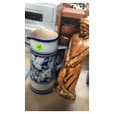 FISHERMAN STATUE, STONEWARE PITCHER & BOTTLE BOX