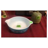 POTTERY BOTTLE & BLUE PYREX DISH
