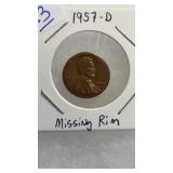 1957-D LINCOLN CENT W/ MISSING RIM