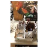 GROUP W/ VASES, DECOR ITEMS, CARVED WOOD ROOSTER