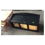 WOOD BENCH W/ WICKER STORAGE BASKETS, 40'X16'X19'