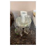 2 ANTIQUE OIL LAMPS, PITCHER & BOWL