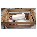 4 CALF NUSING BOTTLES IN WOOD CRATE