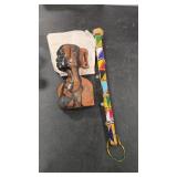 AFRICAN ART WOOD SCULPTURE & BEADED STAFF