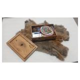 WOODEN BOX OF TREASURE & RABBIT FUR