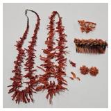 VTG RED CORAL NECKLACES COMB BROOCH & PENDANT