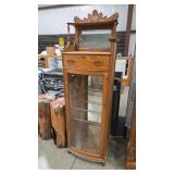 CURVED GLASS ANTQ CURIO W/ BEVELED MIRROR &