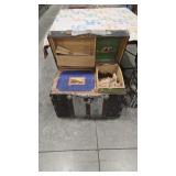 METAL & WOOD TRAVEL TRUNK W/ EMBELLISHED TRAYS &