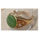 14K  NEPHRITE & DIAMOND MENS RING SZ 12.5