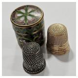14K STERLING THIMBLES & CLOISONNE BOX