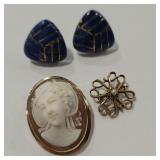 10K? CARVED SHELL CAMEO 10K PIN & LAPIS EARRINGS