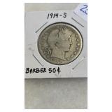 1914-S SILVER BARBER HALF DOLLAR