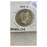 1915-S SILVER BARBER HALF DOLLAR