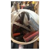 BUCKET W/ LARAMPS, HACK SAW & MISC TOOLS