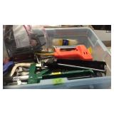 TOTE W/ CAULKING GUN, HACK SAW, ELECTRIC STAPLERS,