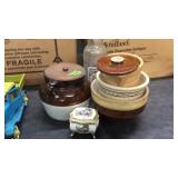 TRINKET BOX, STONEWARE BOWLS, & BEAN POT & BOTTLE