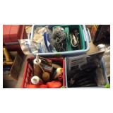 2 BASKETS & TOTE OF MISC HARDWARE, TOOLS, CABLE